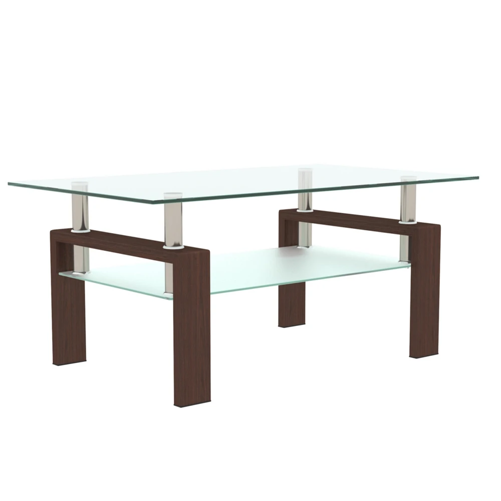 Simplie Fun Rectangle Walnut Glass Coffee Table, Clear Coffee Table, Modern Side Center Tables