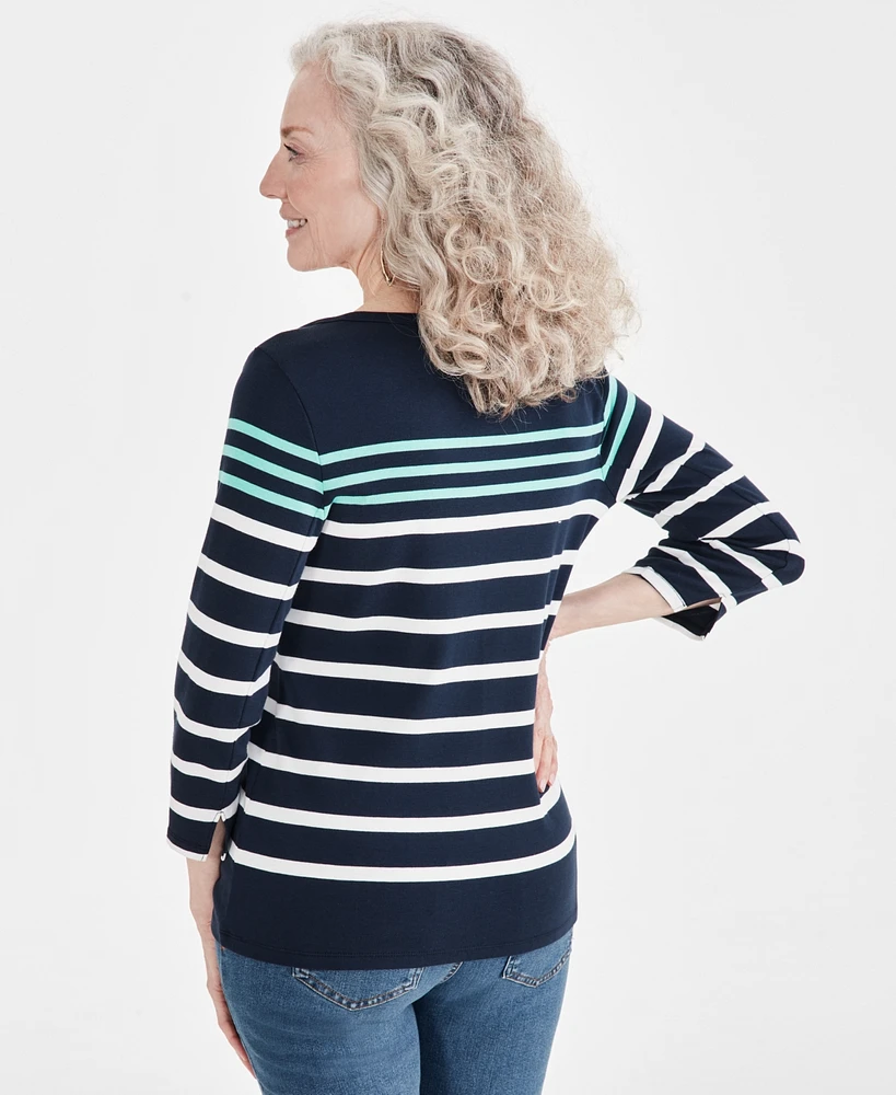 Style & Co Women's Striped 3/4-Sleeve Pima Cotton Top, Created for Macy's