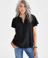 Style & Co Women's Seersucker Split-Neck Flutter Sleeve Top, Created for Macy's