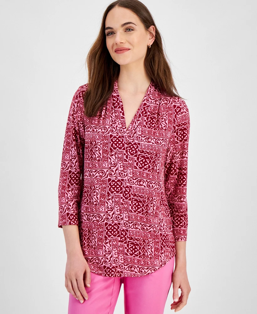 Jm Collection Women's 3/4 Sleeve Printed Pleated-Neck Top, Created for Macy's