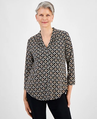 Jm Collection Women's Printed 3/4 Sleeve Pleated-Neck Top, Created for Macy's
