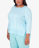 Alfred Dunner Plus Size Hyannisport Square Neck Geometric Border Top