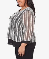 Alfred Dunner Plus Size Opposites Attract Striped Texture Top with Necklace