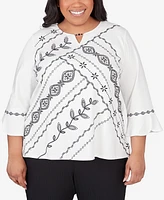 Alfred Dunner Plus Size Opposites Attract Embroidered Leaf Top