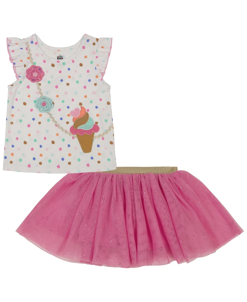 Kids Headquarters Baby Girls Ice Cream Crossbody Flutter Sleeves T-shirt and Tutu Skorts