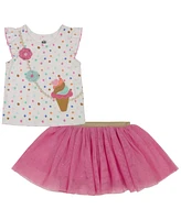 Kids Headquarters Baby Girls Ice Cream Crossbody Flutter Sleeves T-shirt and Tutu Skorts