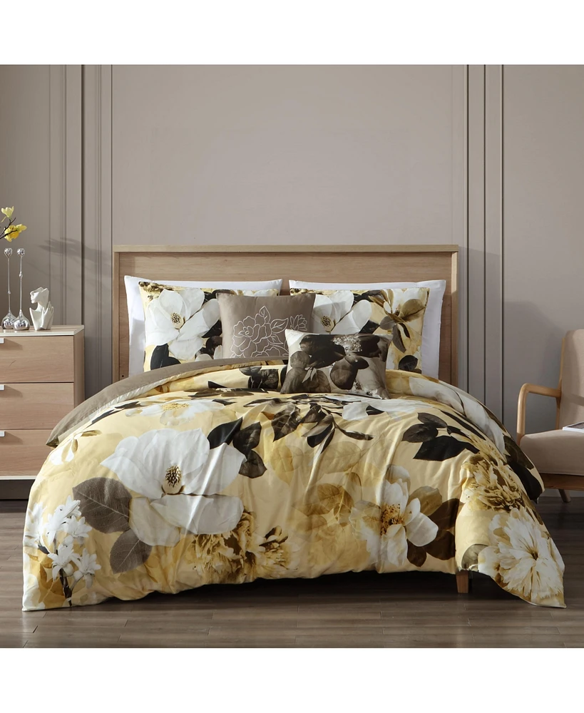 Bebejan Yellow Magnolia Bedding 200 Thread Count 100% Cotton Sateen 5 Piece Reversible Queen Comforter Set