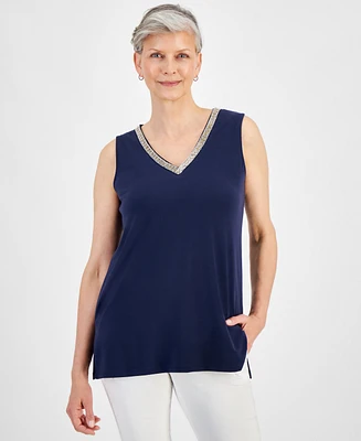 Jm Collection Women's Beaded-Neck Sleeveless Top, Created for Macy's