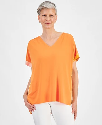 Jm Collection Women's Mixed-Media Short Sleeve Top, Created for Macy's