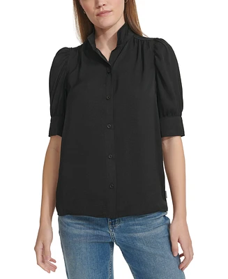 Calvin Klein Jeans Women's Charmeuse Puff-Sleeve Stand-Collar Top