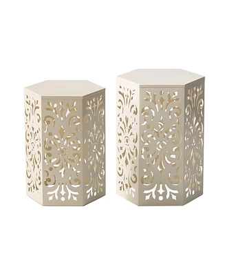 Glitzhome Multi-Functional Set of 2 White Floral Pattern Hexagonal Garden Stools or Planter Stand