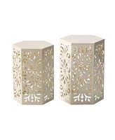 Glitzhome Multi-Functional Set of 2 White Floral Pattern Hexagonal Garden Stools or Planter Stand