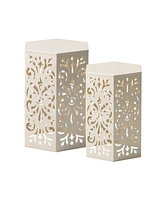 Glitzhome Multi-Functional Set of 2 White Floral Pattern Hexagonal Garden Stools or Planter Stand
