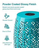 Glitzhome Multi-Functional Blue Iron Leaf Pattern Solar Powered Garden Stool or Planter Stand
