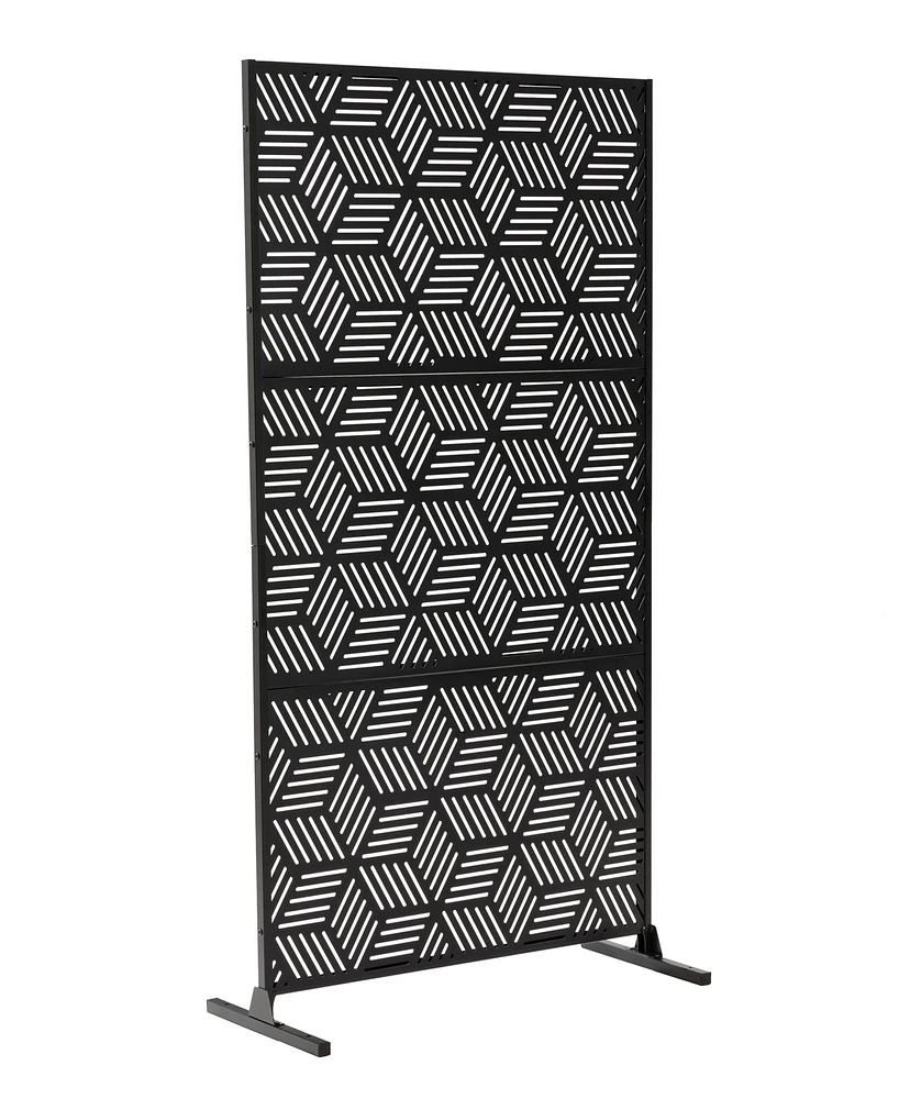 Glitzhome Black Geometric Pattern Privacy Panel Room Divider with Riser Feet