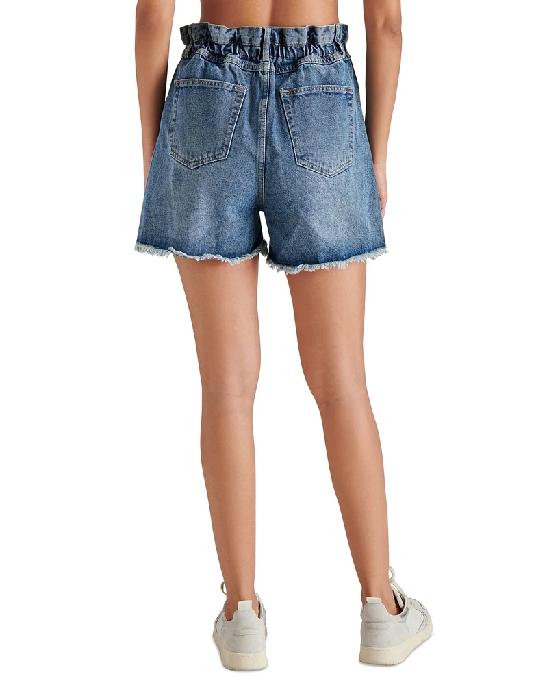 Steve Madden Women's Lunetta Cut-Hem Paper-Bag-Waist Cotton Denim Shorts