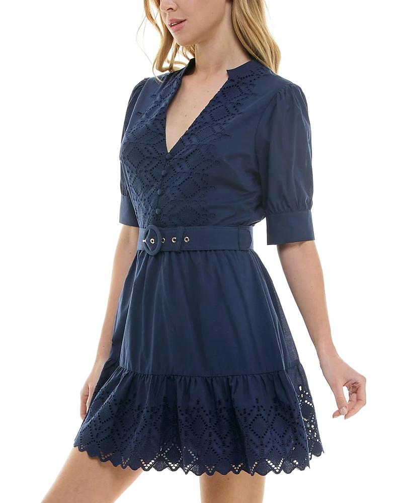 B Darlin Juniors' Embroidered Belted Puff-Sleeve Dress