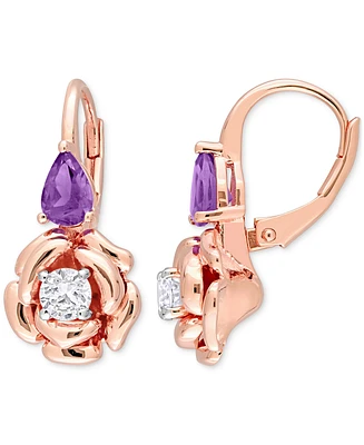 Amethyst (3/4 ct. t.w.) & White Topaz (5/8 ct. t.w.) Rose Leverback Earrings in Rose-Plated Sterling Silver