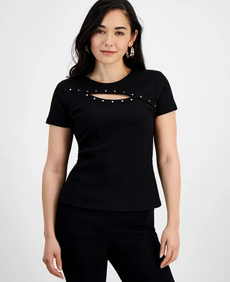I.n.c. International Concepts Petite Ribbed Cutout Studded Top, Created for Macy's