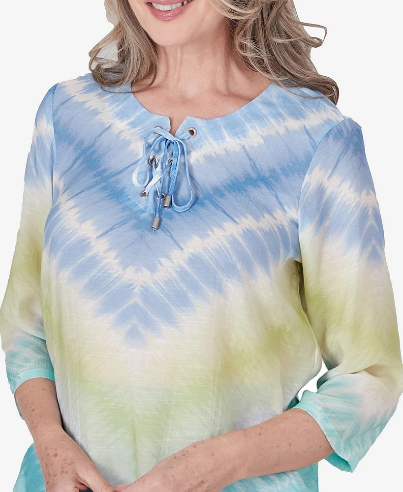 Alfred Dunner Women's Hyannisport Tie Dye Chevron Tunic Crew Neck Top