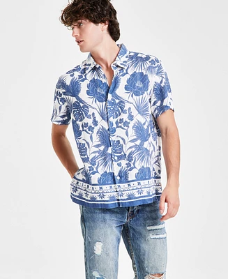 Guess Men's Island Tropical Botanical-Print Button-Down Linen Shirt