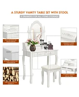 Sugift Wood Vanity Table Set with Oval Mirror and 4 Drawers for Kids Girls Women