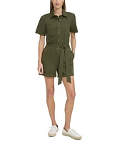 Andrew Marc Sport Women's Button-Front Tie-Waist Twill Romper