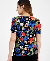 Ak Anne Klein Petite Floral Print Crewneck Tulip-Sleeve Top