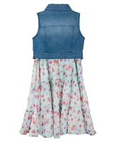 Rare Editions Toddler & Little Girls Denim Vest Dress Outfit with Necklace, 3 Pc