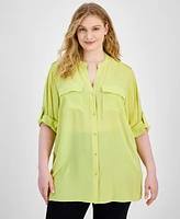 Calvin Klein Plus Size Roll-Tab-Sleeve Button-Front Shirt