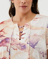 Ella Rafaella Plus Eco Watercolor Print Lace-Up Short Sleeve Tee Shirt