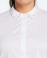 Ella Rafaella Plus Ruched Sleeve Embellished Collar Blouse