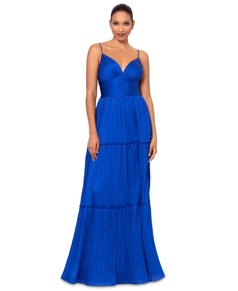 Betsy & Adam Women's Pleated Tiered Gown