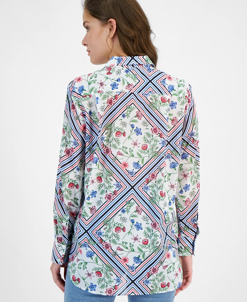 Nautica Jeans Women's Scarf-Print Cotton Button-Front Shirt