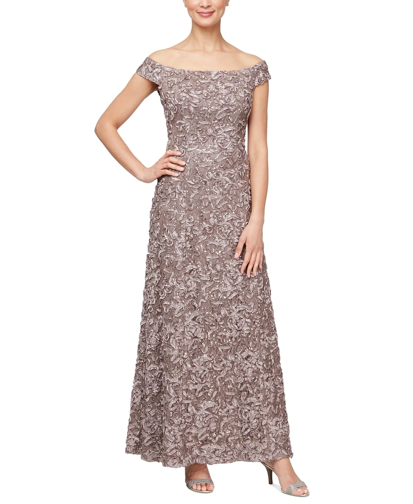 Alex Evenings Petite Sequin-Lace Off-The-Shoulder Gown