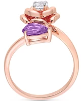 Amethyst (5/8 ct. t.w.) & White Topaz (1/3 Rose Bypass Ring Rose-Plated Sterling Silver