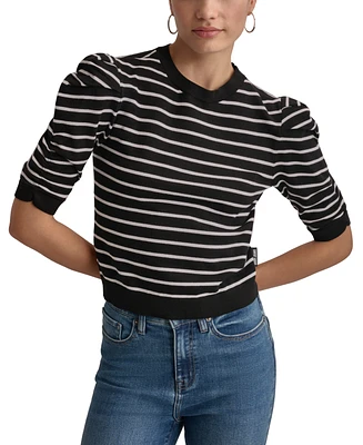 Dkny Jeans Women's Striped Ruched-Sleeve Crewneck Top