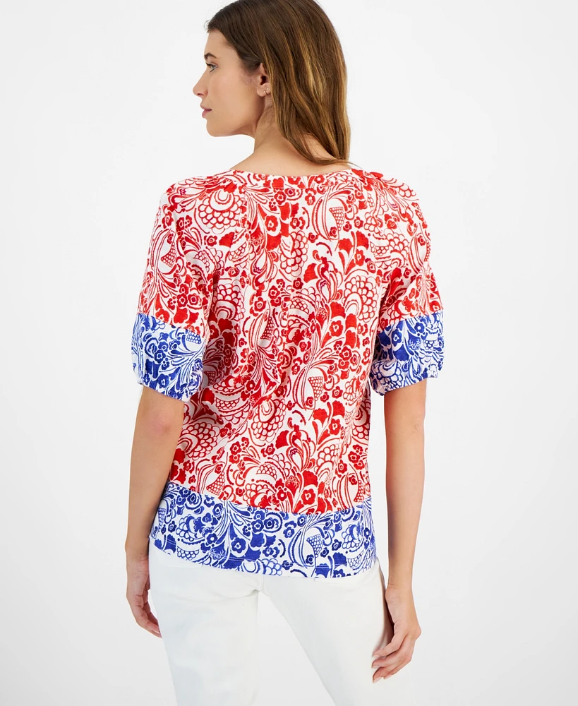 Tommy Hilfiger Women's Cotton Floral-Print Puffed-Sleeve Top