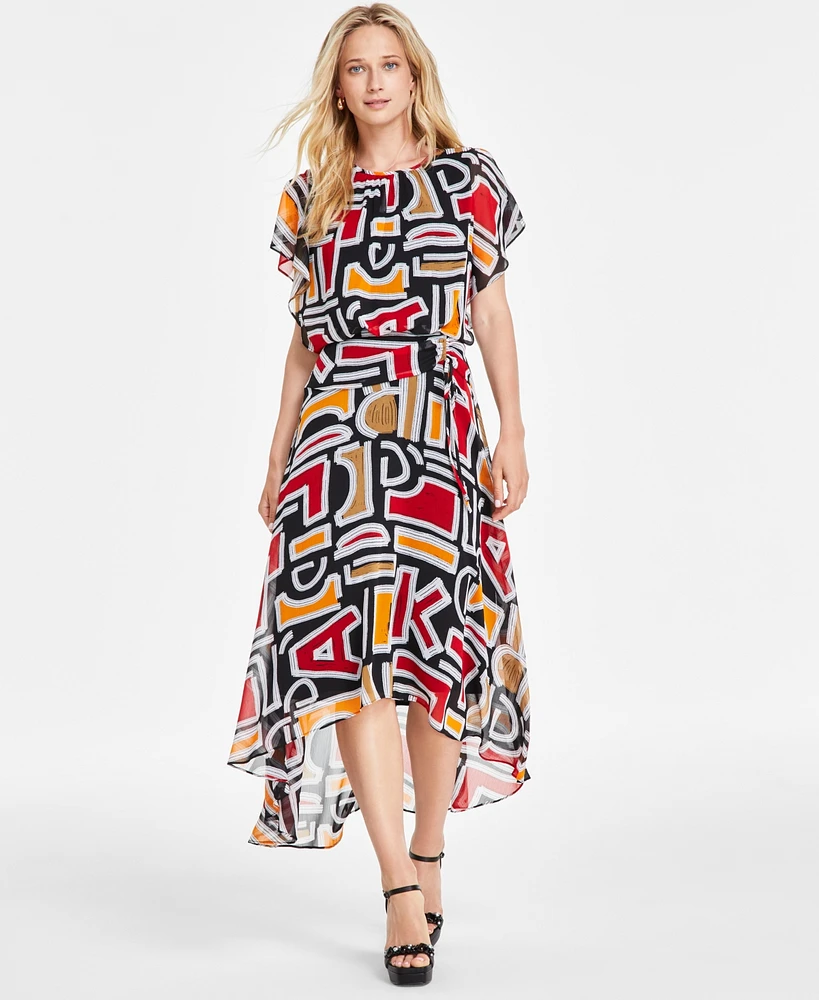 Karl Lagerfeld Paris Women's Printed High-Low Flutter-Sleeve Dress