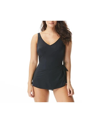 Roxanne Solid Bra Sized V-Neck Sarong One Piece swimsuit
