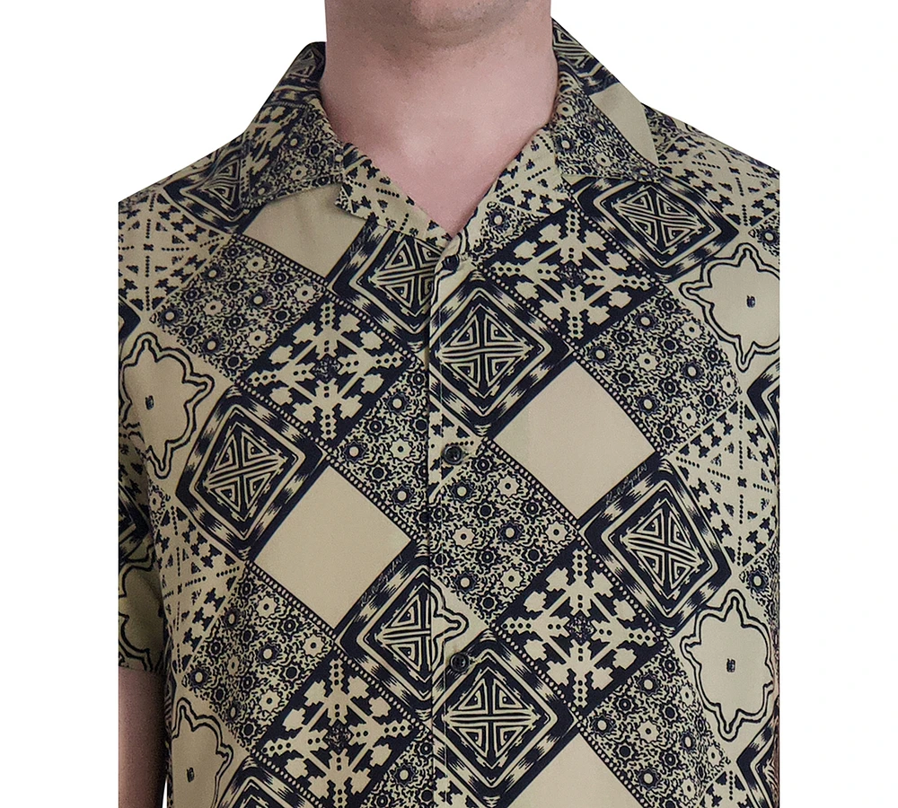 Karl Lagerfeld Paris Men's Slim-Fit Geometric Tile-Print Button-Down Camp Shirt