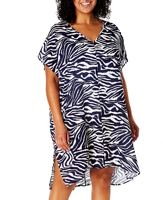 Anne Cole Plus Size Zebra-Print Swim Cover-Up Dress