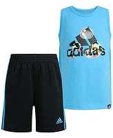 adidas Little & Toddler Boys Sleeveless Logo Tank Elastic-Waistband 3-Stripe Shorts, 2 Piece Set