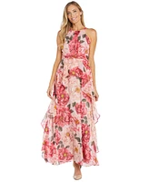 R & M Richards Women's Halter Ruched-Waist Ruffled Gown