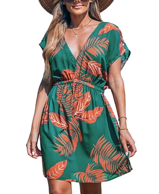 Cupshe Women's Green & Tropical Plunging Mini Cover-Up