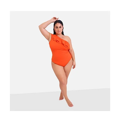 Rebdolls Plus Catalina Ruffle One Shoulder Swimsuit - Persimmon
