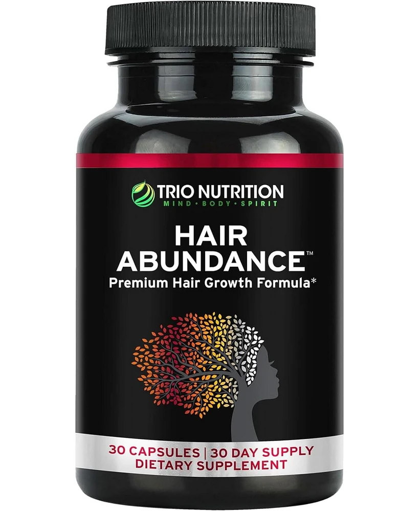 Trio Nutrition Biotin Hair Abundance Capsules, Hair Growth Vitamins for Stronger Hair, Skin & Nails, Biotin 10000mcg, Collagen & Keratin, 30ct