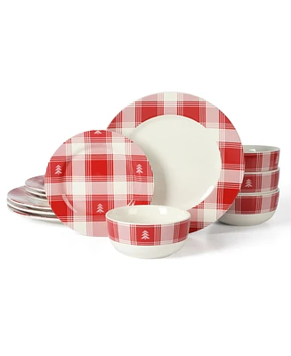 Martha Stewart Plaid Decorated Red White 12 Piece Dinnerware Set, Service for 4