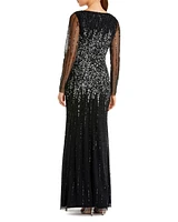 Mac Duggal Women's High Neck Sequin Embellished Long Sleeve A Line Gown