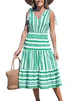 Cupshe Women's Green & White Geo Stripe Shoulder Tie Midi Beach Dress